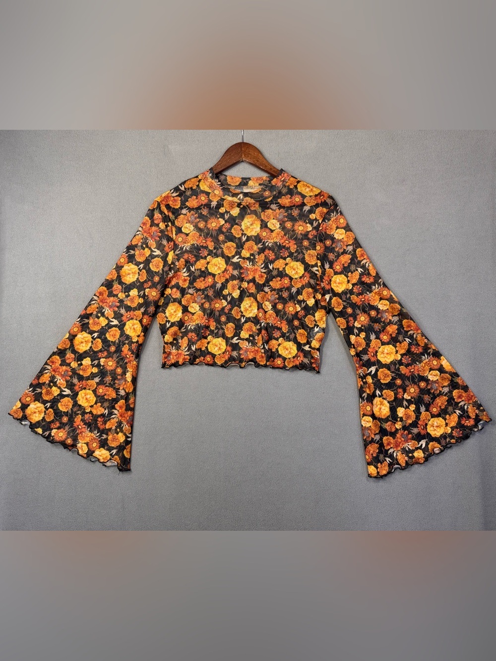 Boho Sheer Floral SheerLong Sleeve Crop Top Black with Orange Yellow Flowers, XL